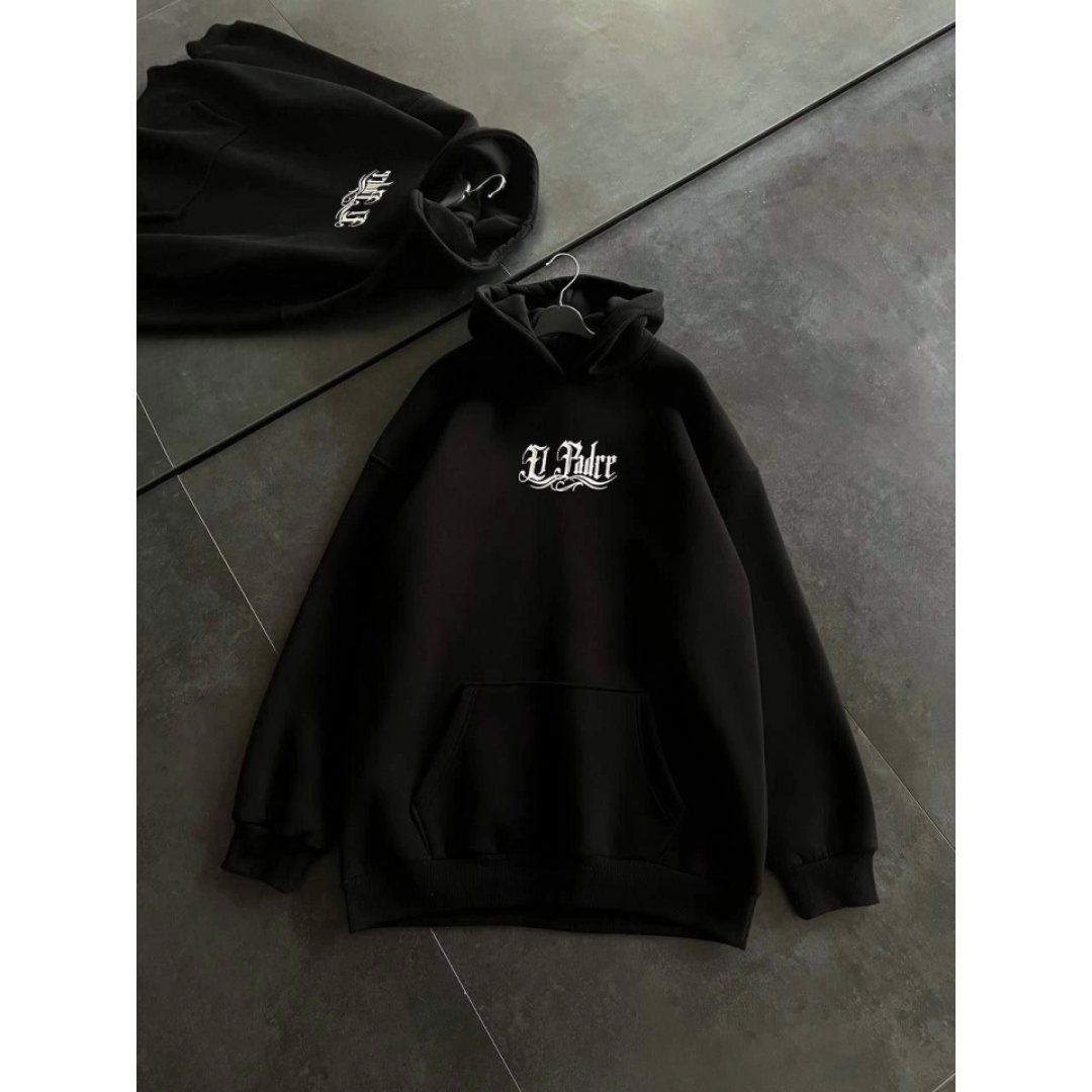 Üç İplik Penye Uzun Kol Kapşonlu Baskılı SweatShirt - Siyah 131700