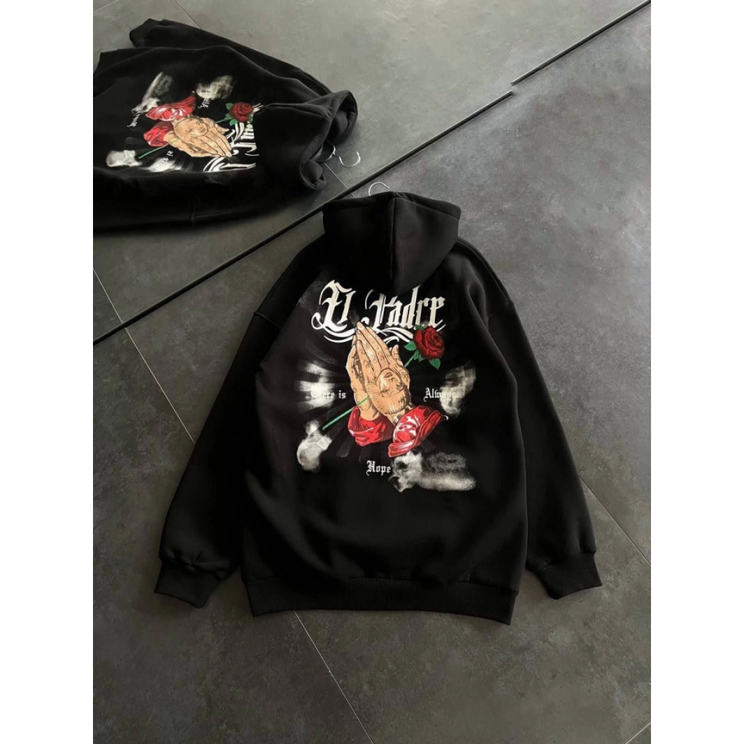 Üç İplik Penye Uzun Kol Kapşonlu Baskılı SweatShirt - Siyah 131700