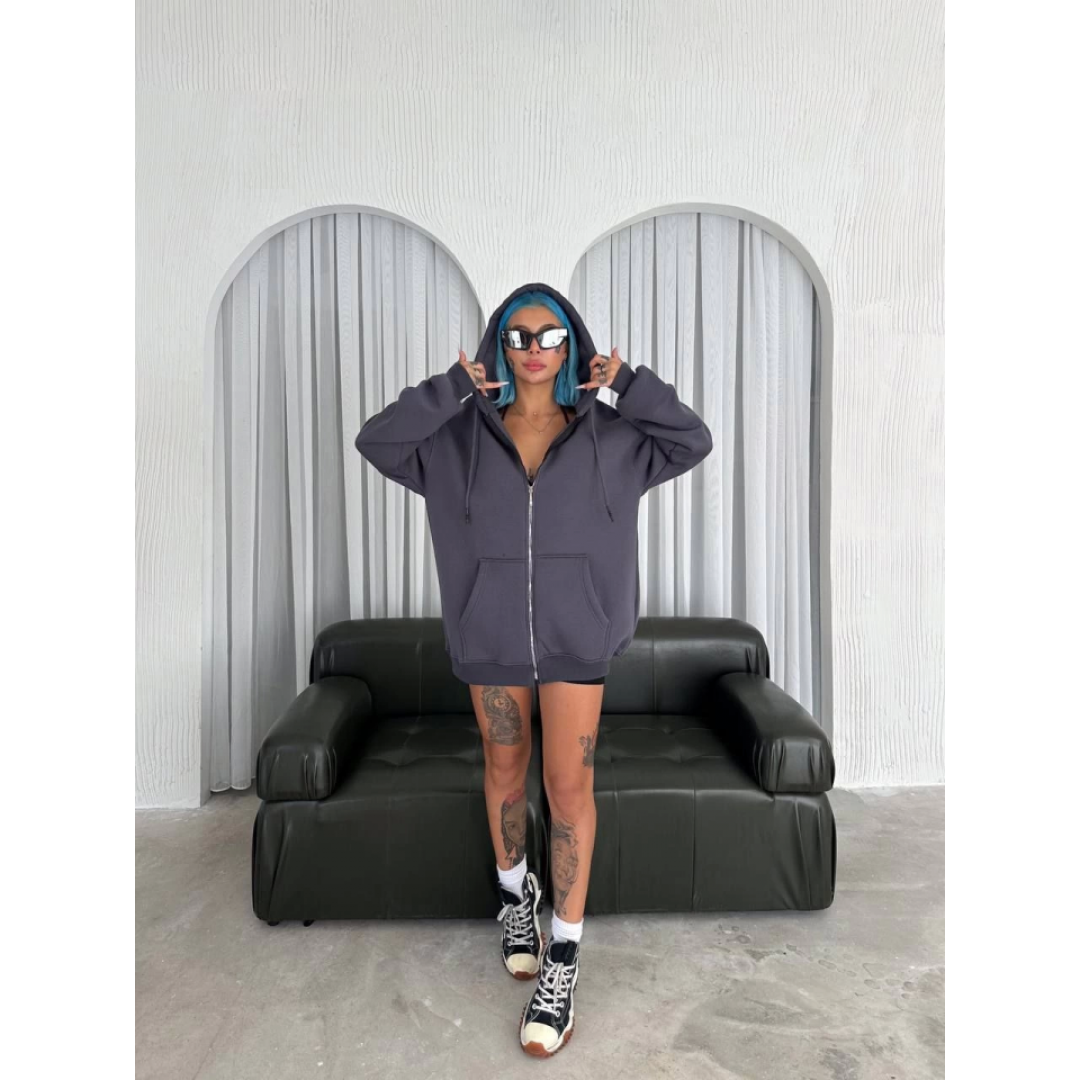Oversize Tam Fermuarlı Uzun Kol Hırka - Füme 131808 Oversize Tam Fermuarlı Uzun Kol Hırka - Füme 131808