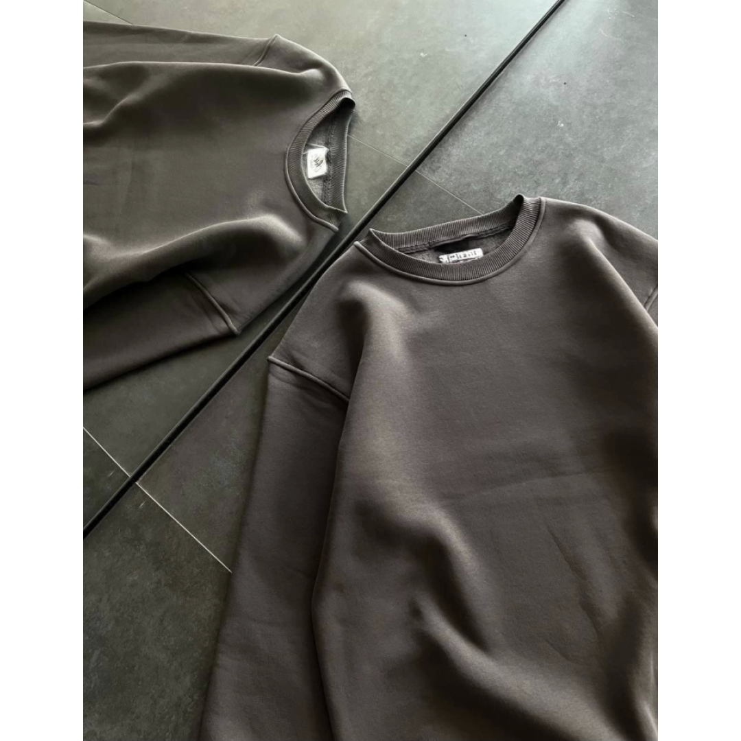 Kışlık Bisiklet Yaka Üç İplik Basic SweatShirt - Füme 131878