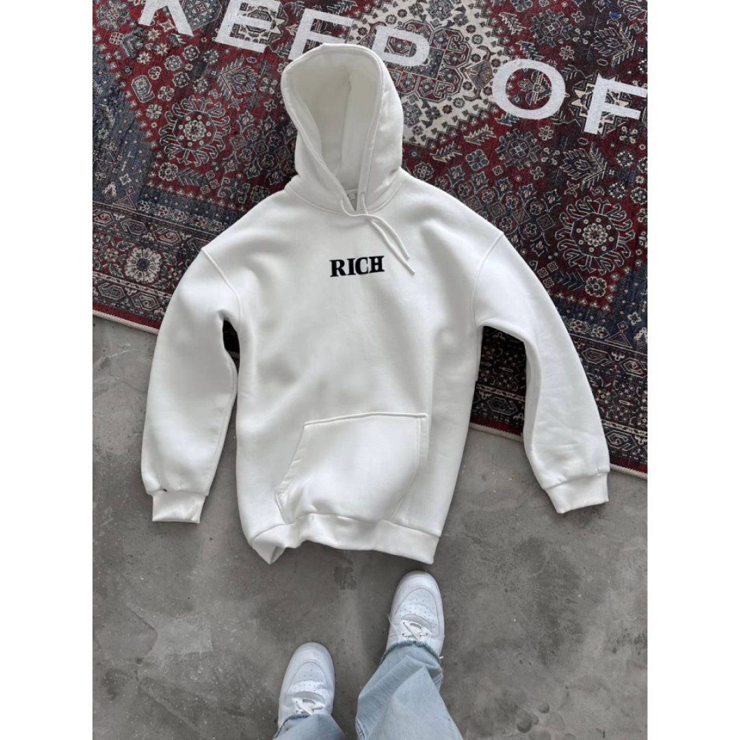 Uzun Kol Kapşonlu Göğüs Baskılı SweatShirt - Beyaz 131885