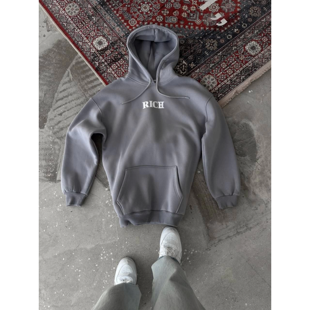 Uzun Kol Kapşonlu Göğüs Baskılı SweatShirt - Gri 131887