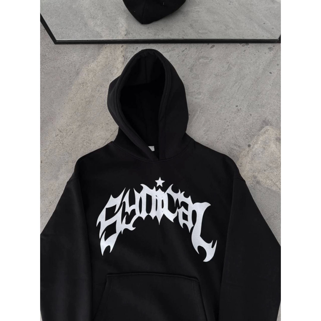 Üç İplik Kapşonlu Baskılı Oversize SweatShirt- Siyah 132929 Üç İplik Kapşonlu Baskılı Oversize SweatShirt- Siyah 132929