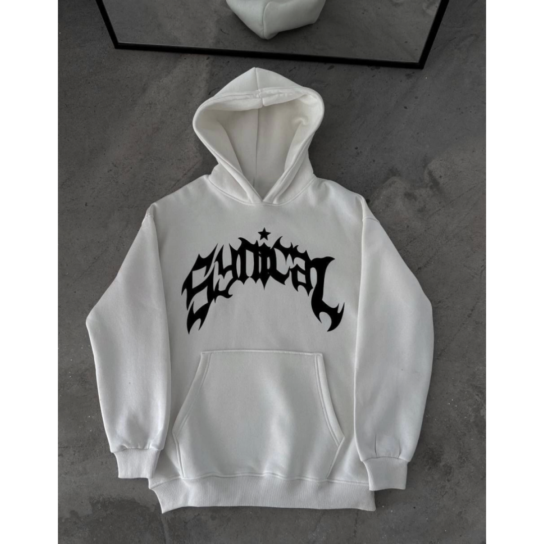 Üç İplik Kapşonlu Baskılı Oversize SweatShirt-  Beyaz 132930