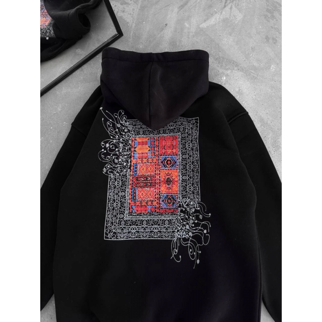 Uzun Kol Kapşonlu Ön Ve Arka Baskılı SweatShirt - Siyah 133016