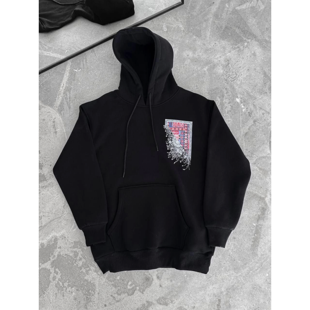 Uzun Kol Kapşonlu Ön Ve Arka Baskılı SweatShirt - Siyah 133016