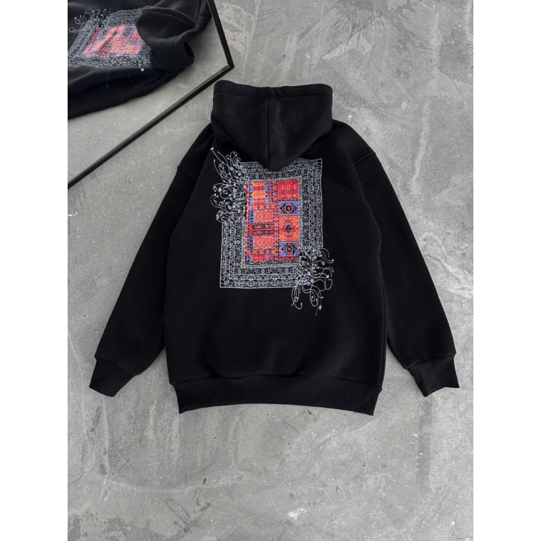 Uzun Kol Kapşonlu Ön Ve Arka Baskılı SweatShirt - Siyah 133016