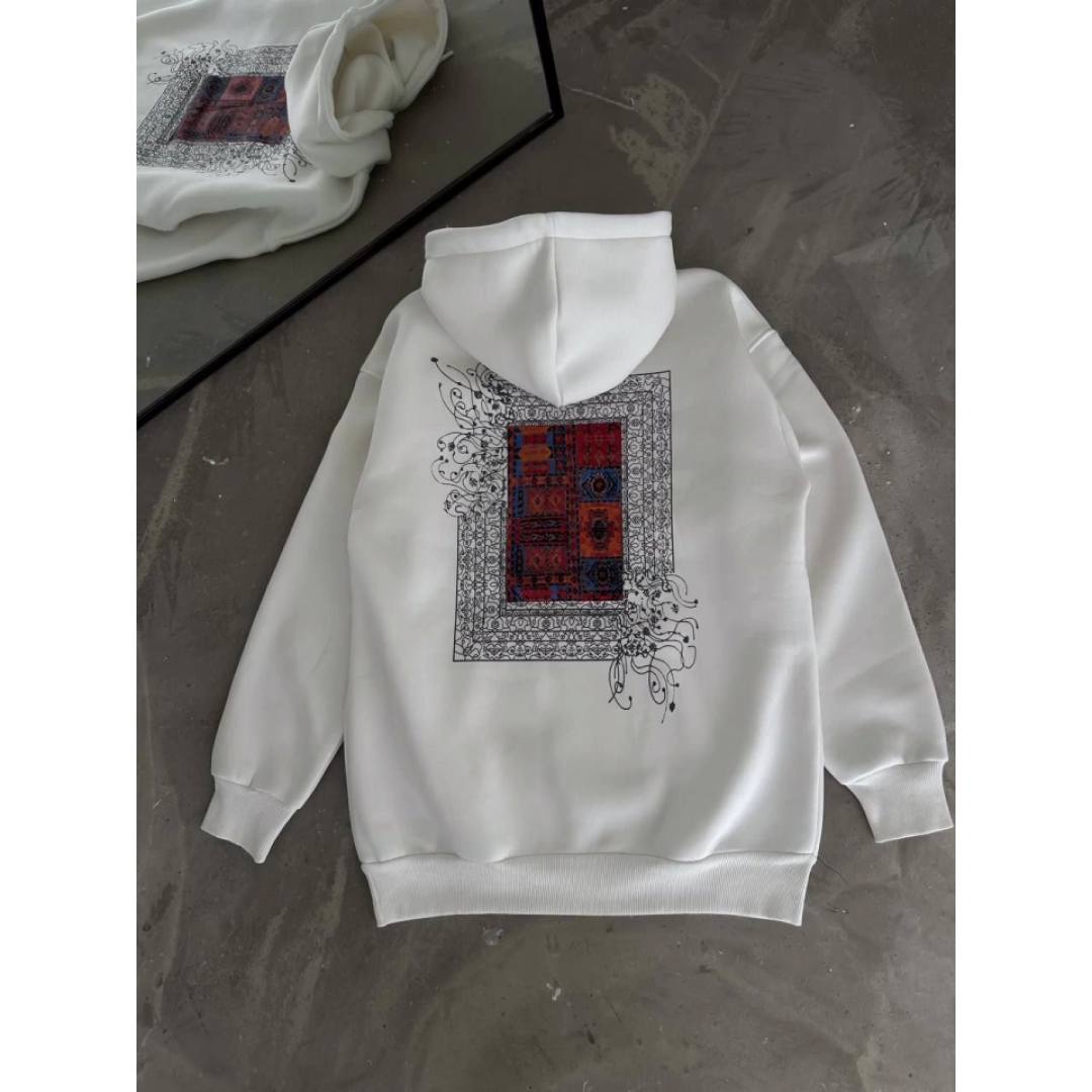 Uzun Kol Kapşonlu Ön Ve Arka Baskılı SweatShirt - Beyaz 133017