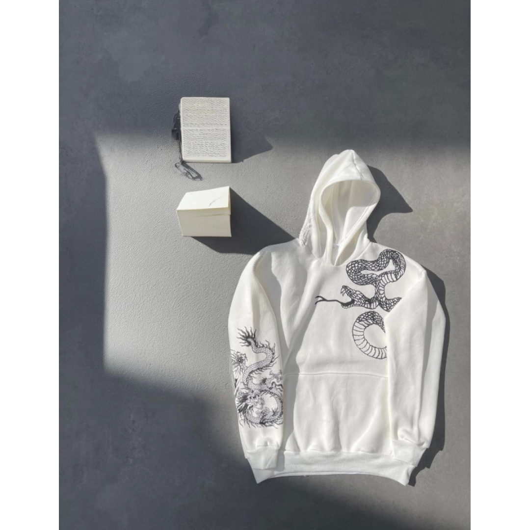 Uzun Kol Kapşonlu Baskılı SweatShirt - Beyaz 133157