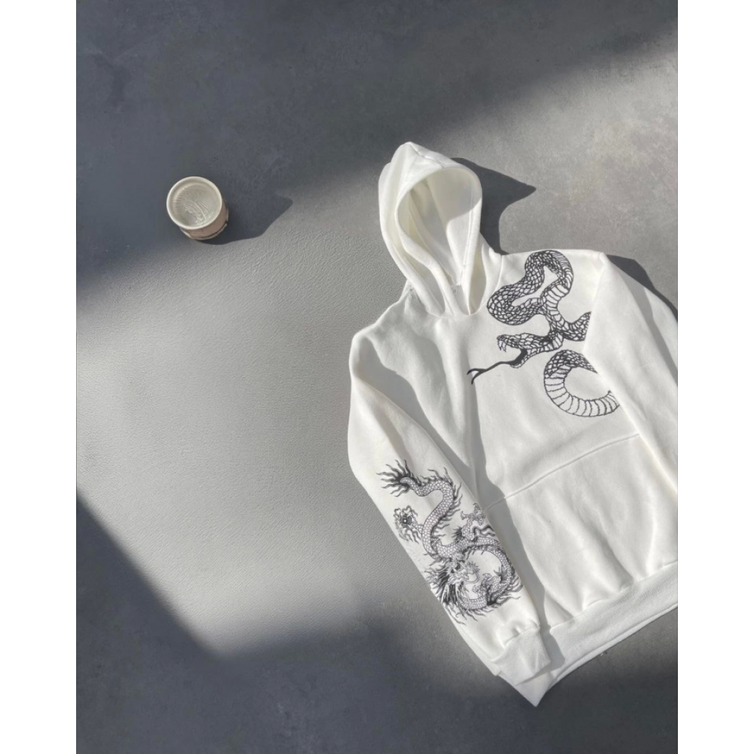 Uzun Kol Kapşonlu Baskılı SweatShirt - Beyaz 133157