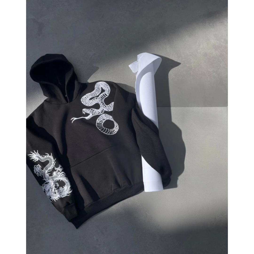 Uzun Kol Kapşonlu Baskılı SweatShirt - Siyah 133158