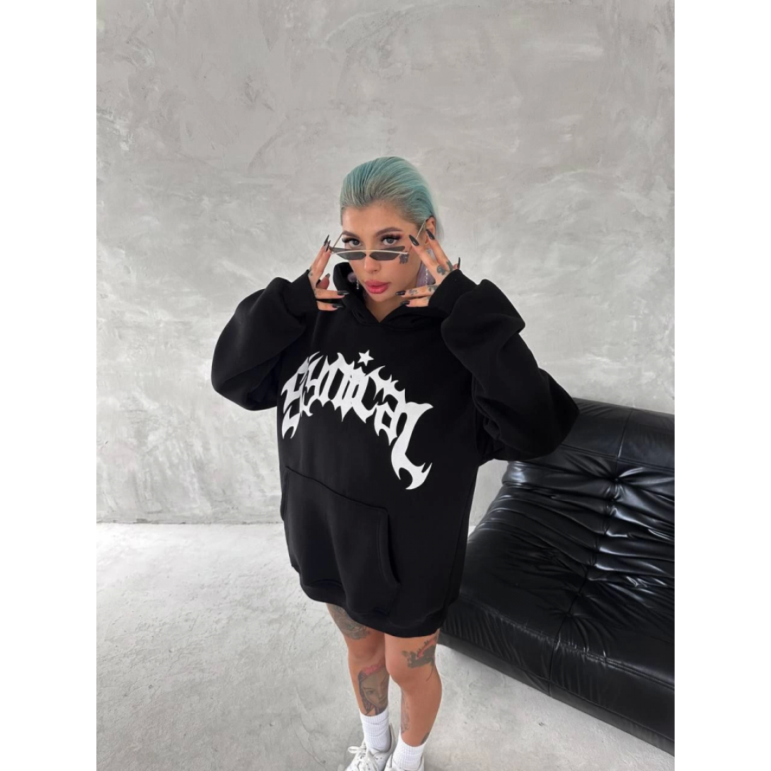 Unisex Üç İplik Kapşonlu Baskılı SweatShirt - Siyah 133162