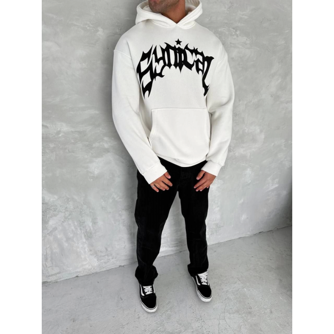 Unisex Üç İplik Kapşonlu Baskılı SweatShirt - Beyaz 133168