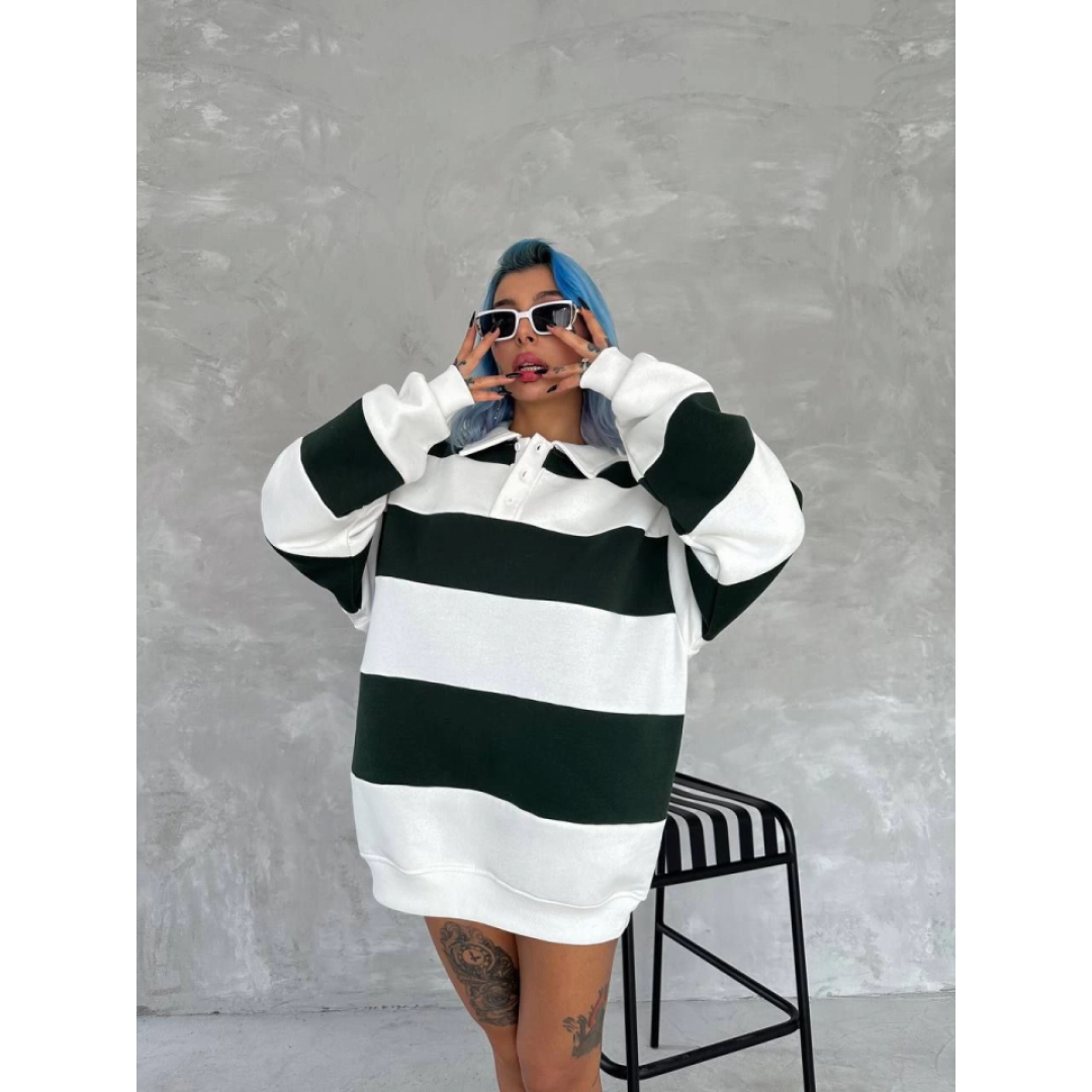 Unisex Üç İplik Parçalı Yakalı SweatShirt - Yeşil 133930
