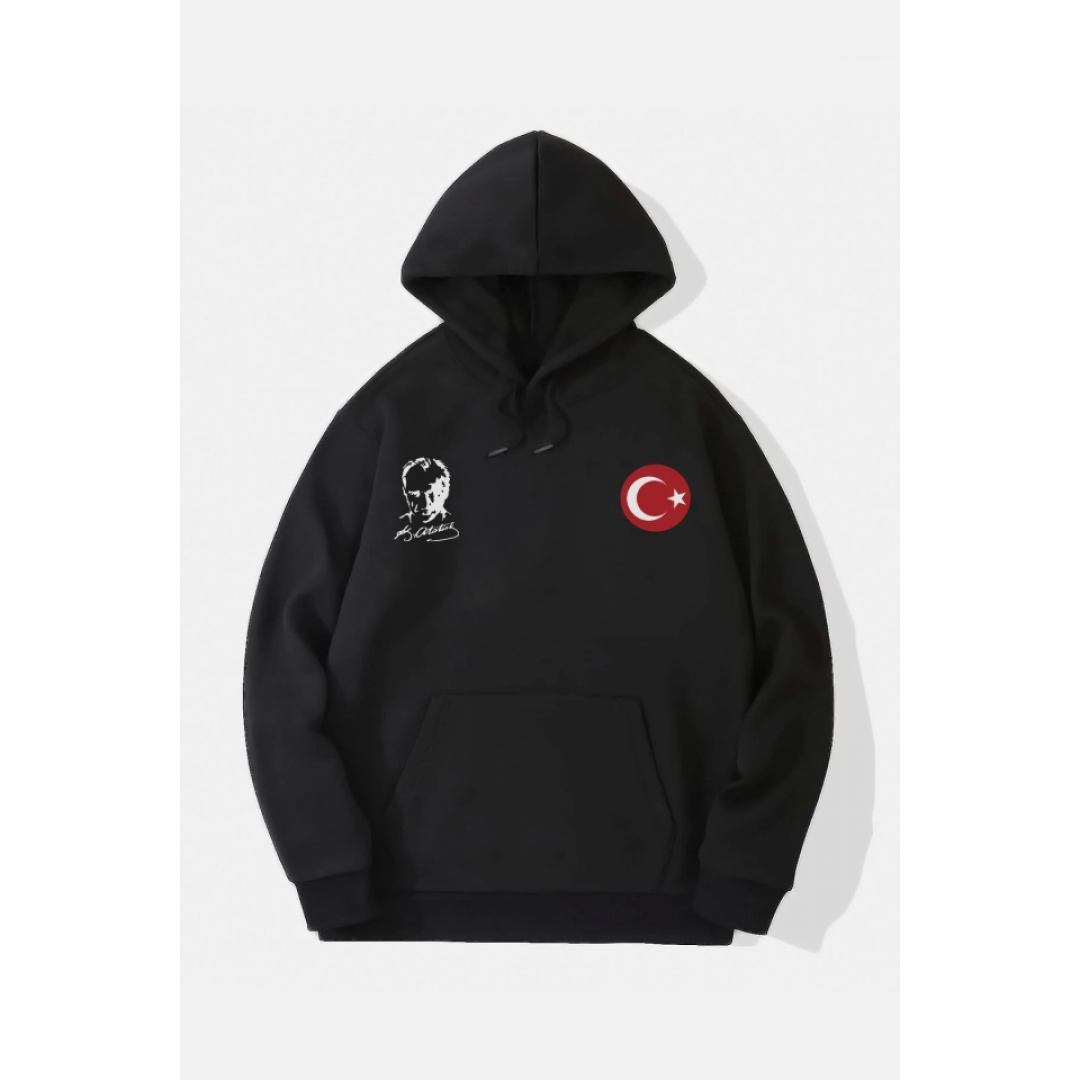 10 Kasıma Özel Üç İplik Kapşonlu Baskılı SweatShirt - Siyah