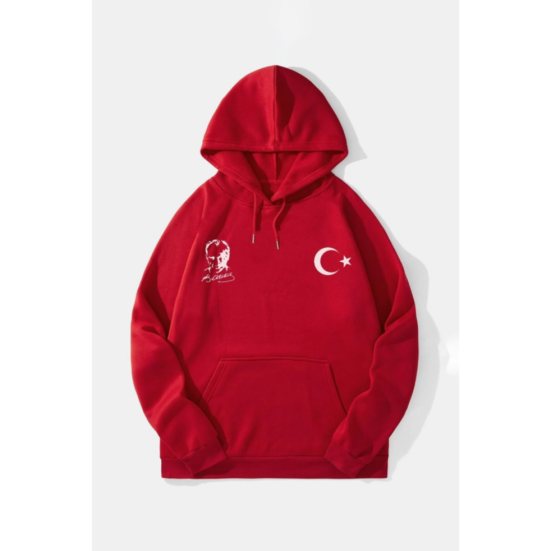 10 Kasıma Özel Üç İplik Kapşonlu Baskılı SweatShirt - Kırmızı 134678 10 Kasıma Özel Üç İplik Kapşonlu Baskılı SweatShirt - Kırmızı 134678