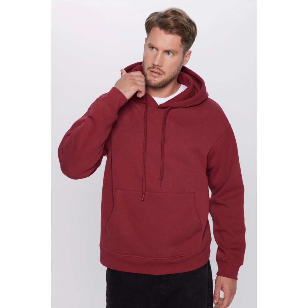 Üç İplik Penye Kapşonlu Basic SweatShirt - Bordo 136075