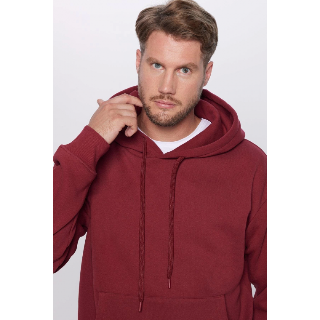 Üç İplik Penye Kapşonlu Basic SweatShirt - Bordo 136075