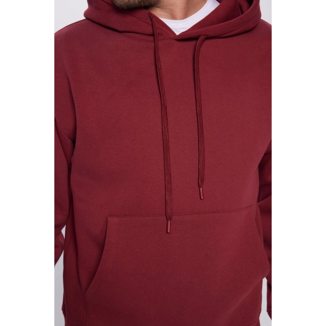 Üç İplik Penye Kapşonlu Basic SweatShirt - Bordo 136075