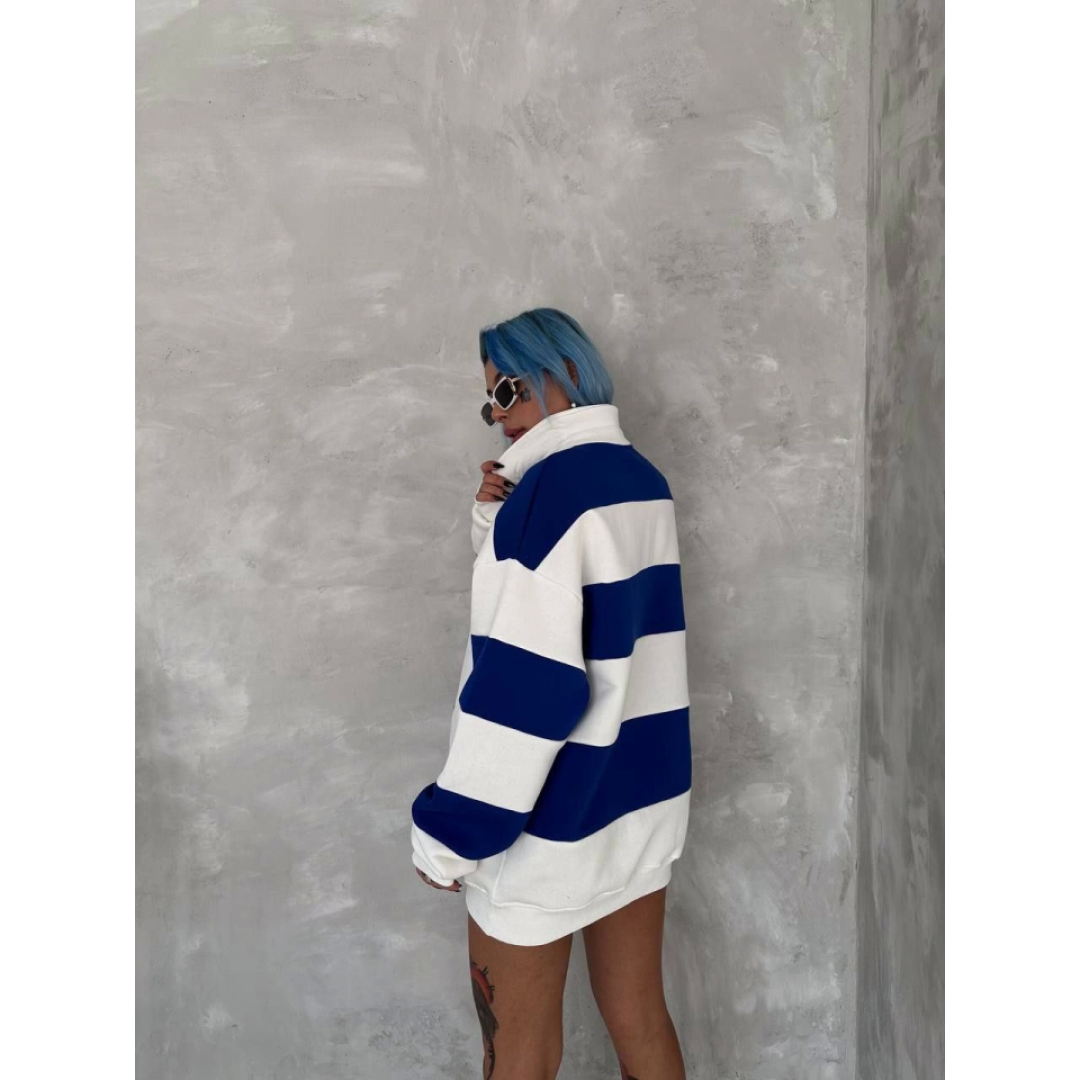 Unisex Üç İplik Parçalı Yakalı SweatShirt - Mavi 136575