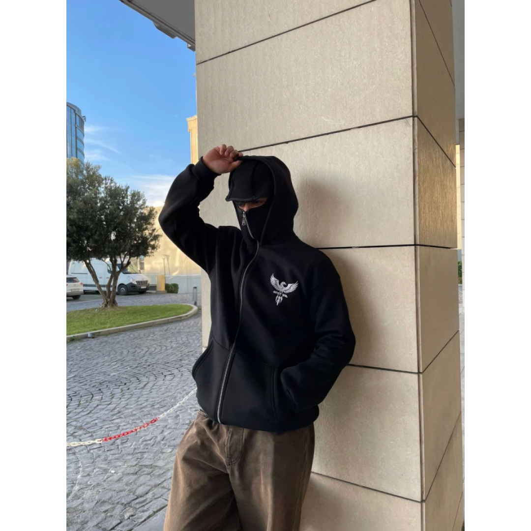 Samuray Kapşonlu ZIP Fermuarlı Kapşonlu SweatShirt - Siyah 137946