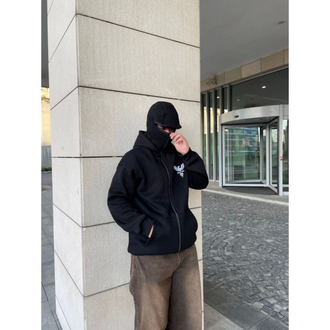 Samuray Kapşonlu ZIP Fermuarlı Kapşonlu SweatShirt - Siyah 137946
