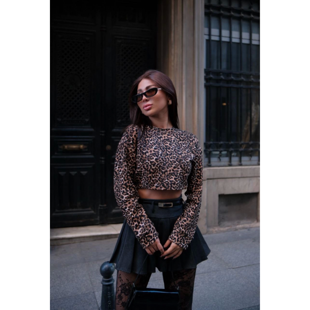 Leopar Desenli Uzun Kollu Crop - Leopar