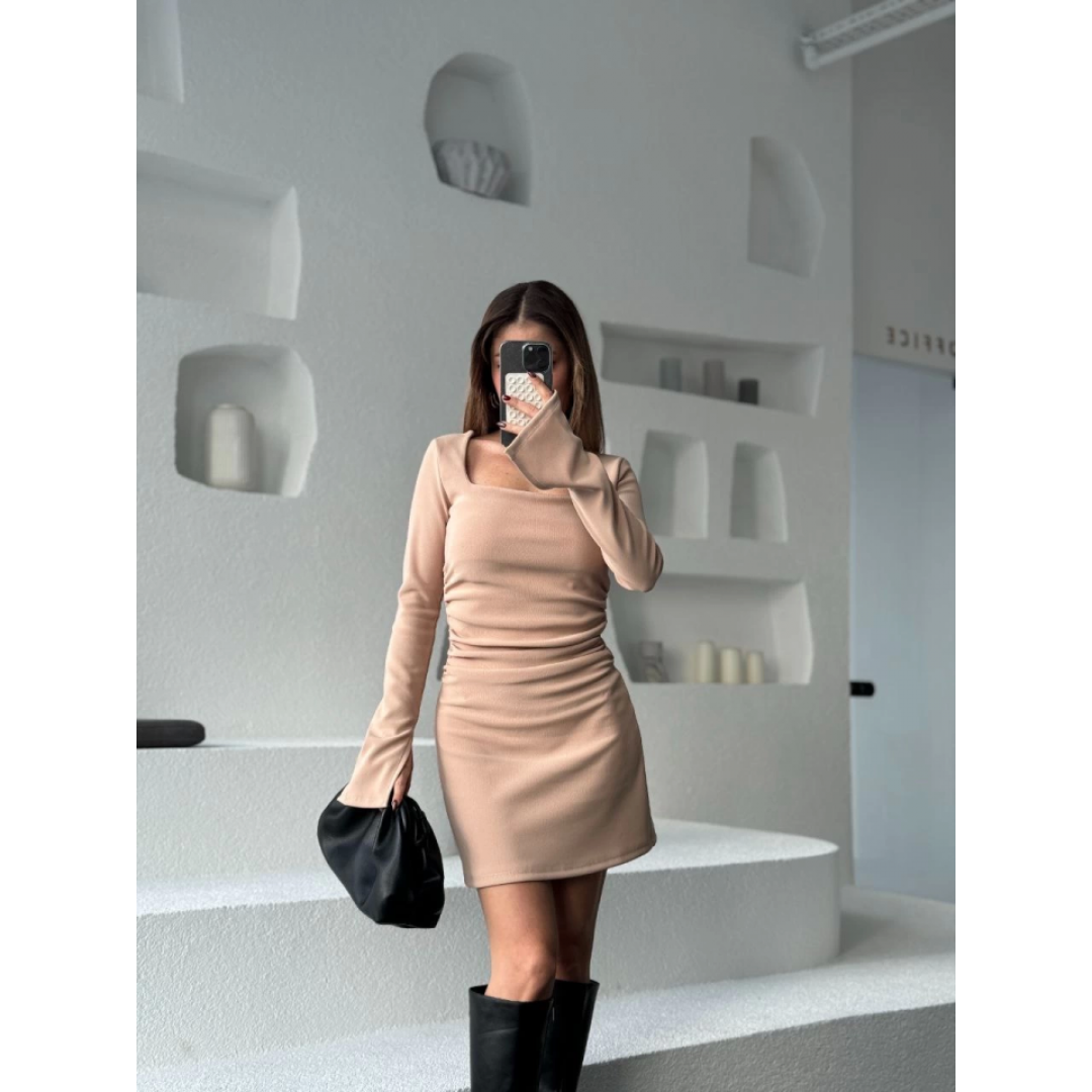 Kare Yaka Mını Boy Fitilli Elbise - Bej - 137956 Kare Yaka Mını Boy Fitilli Elbise - Bej - 137956