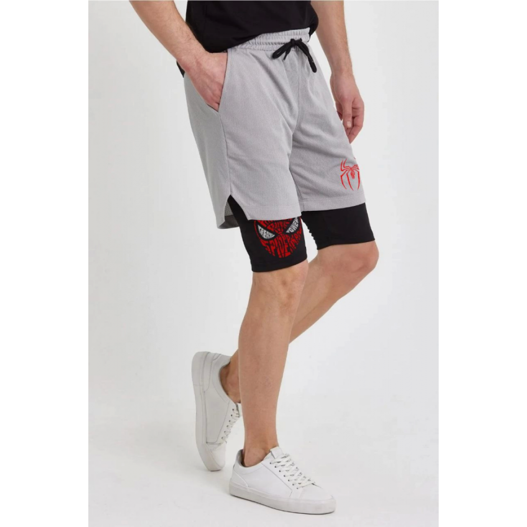 Unisex Baskılı İç Cepli Sporcu Alt Taytlı Şort - Gri 138041 Unisex Baskılı İç Cepli Sporcu Alt Taytlı Şort - Gri 138041