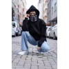 Samuray Kapşonlu ZIP Fermuarlı Çift Kapşonlu Nakışlı SweatShirt- Siyah 139155