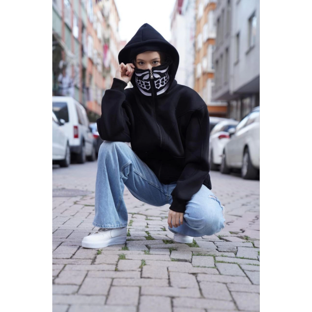 Samuray Kapşonlu ZIP Fermuarlı Çift Kapşonlu Nakışlı SweatShirt- Siyah 139155