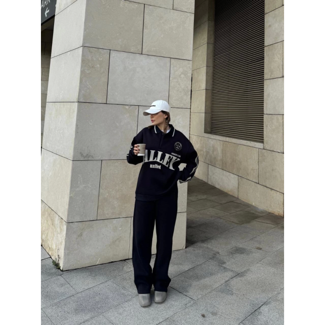 Üç İplik Yakalı Sweat Baggy Pantalonlu Takım - Siyah - 139521 Üç İplik Yakalı Sweat Baggy Pantalonlu Takım - Siyah - 139521