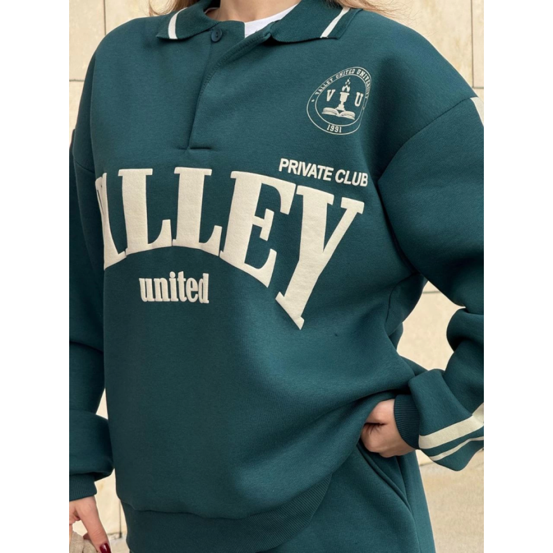 Üç İplik Yakalı Sweat Baggy Pantalonlu Takım - Yeşil - 139522 Üç İplik Yakalı Sweat Baggy Pantalonlu Takım - Yeşil - 139522