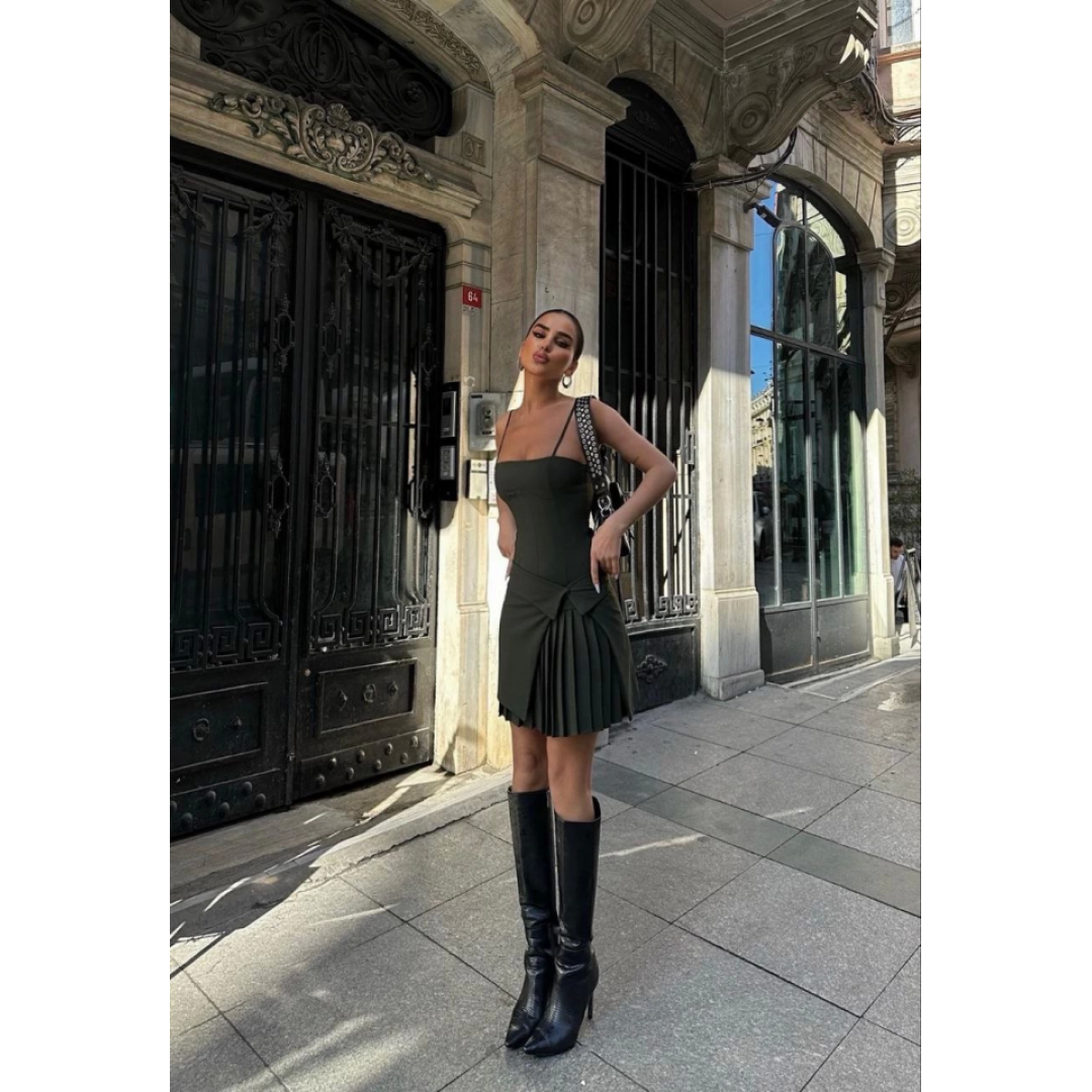 İki Parçalı Pileli Askılı Mini Elbise - Haki - 139526 İki Parçalı Pileli Askılı Mini Elbise - Haki - 139526