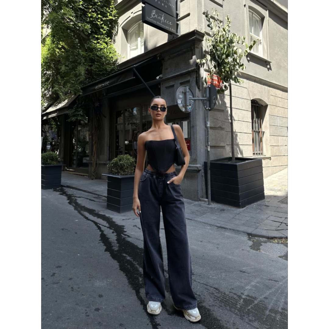Arkadan Yırtmaçlı Jeans Kot Palazzo Pantolon - Siyah - 139989 Arkadan Yırtmaçlı Jeans Kot Palazzo Pantolon - Siyah - 139989