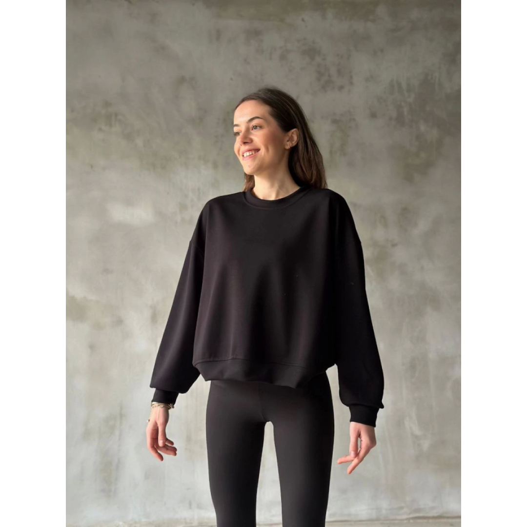 Osy Modal Yumuşak Dokulu Kumaş Bisiklet Yaka Oversize Sweatshirt - Siyah