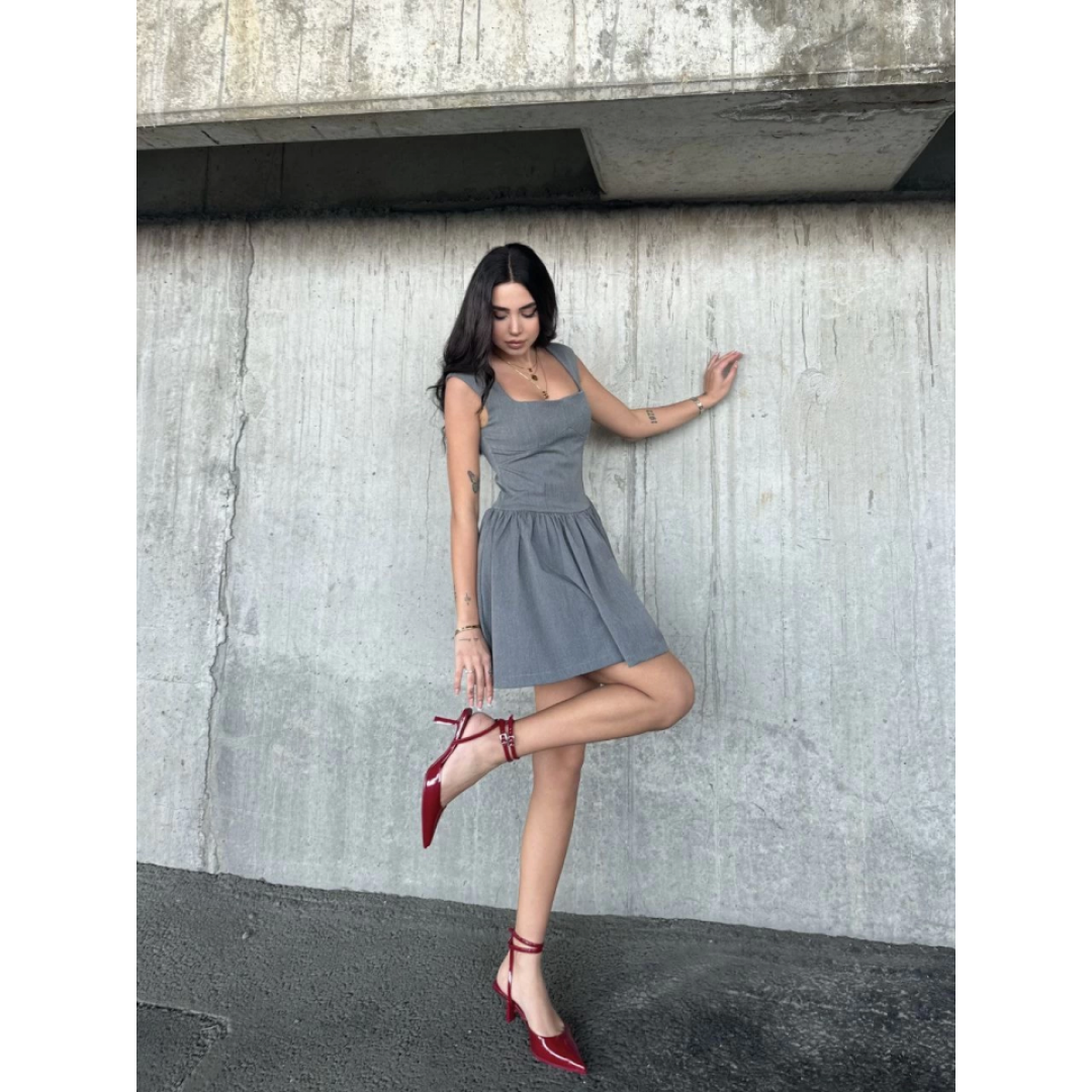 Kolsuz Mini Elbise- Gri - 141352 Kolsuz Mini Elbise- Gri - 141352