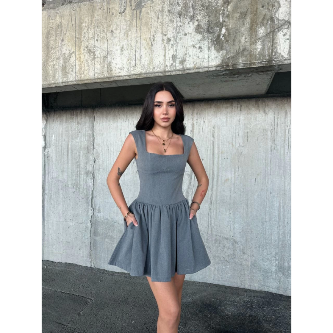 Kolsuz Mini Elbise- Gri - 141352 Kolsuz Mini Elbise- Gri - 141352