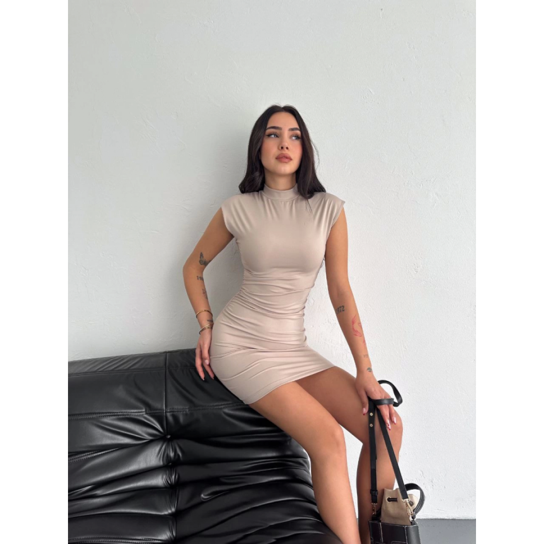 Yarım Bogazlı Kolsuz Mini Boy Elbise - Bej 141855 Yarım Bogazlı Kolsuz Mini Boy Elbise - Bej 141855