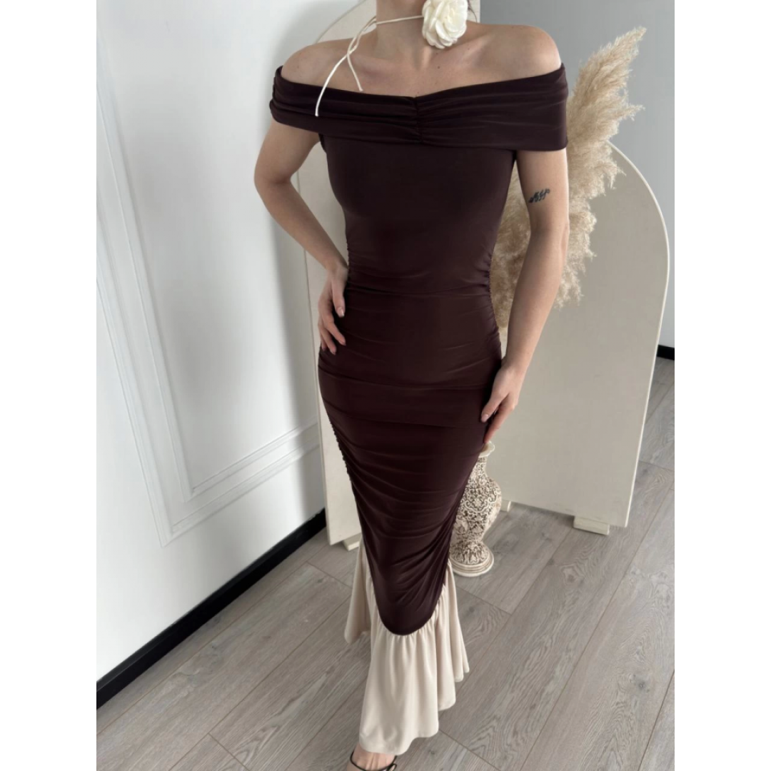 Striptiz Omuzlu Uzun Elbise- Kahve 144291 Striptiz Omuzlu Uzun Elbise- Kahve 144291