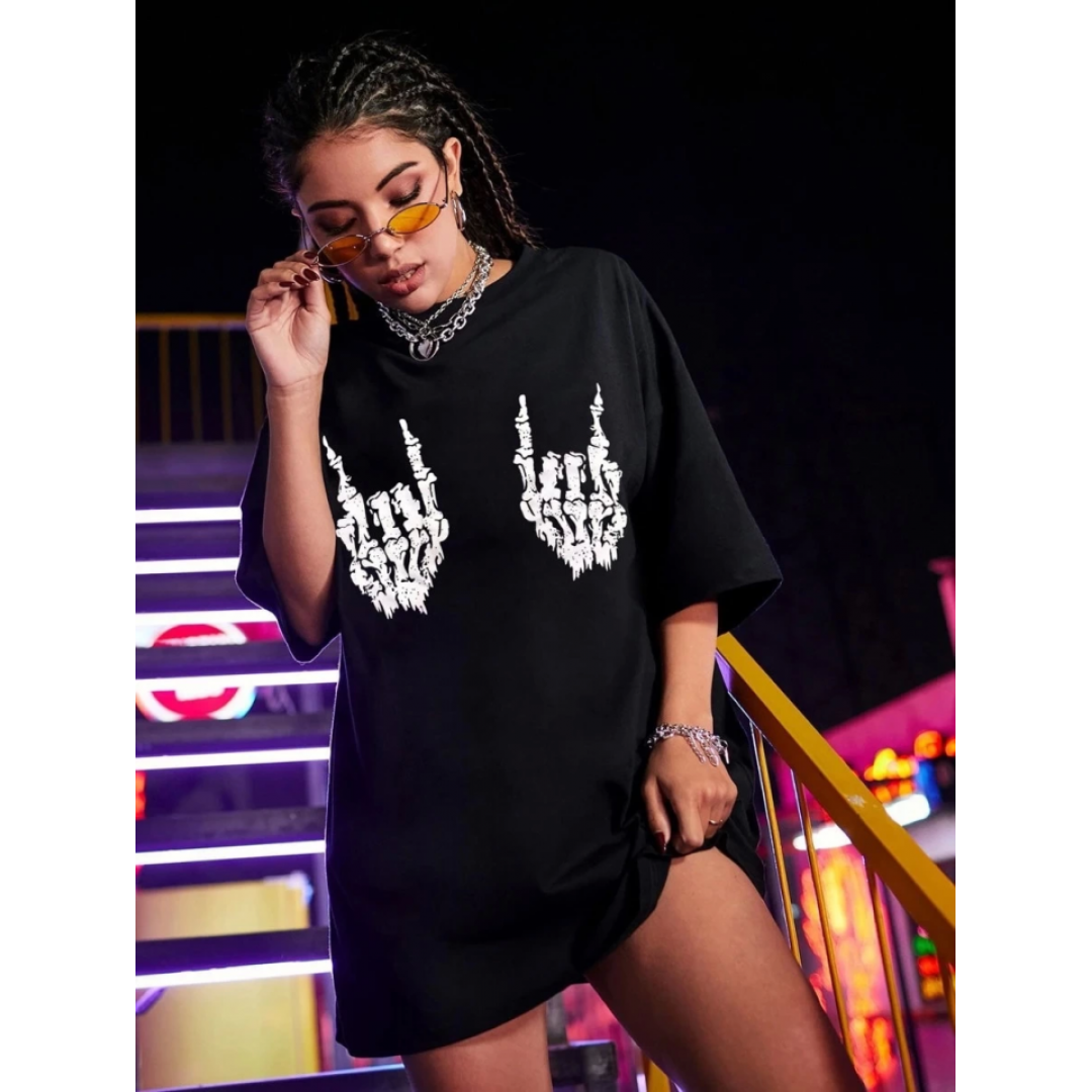 Baskılı Oversize T-shirt - Siyah