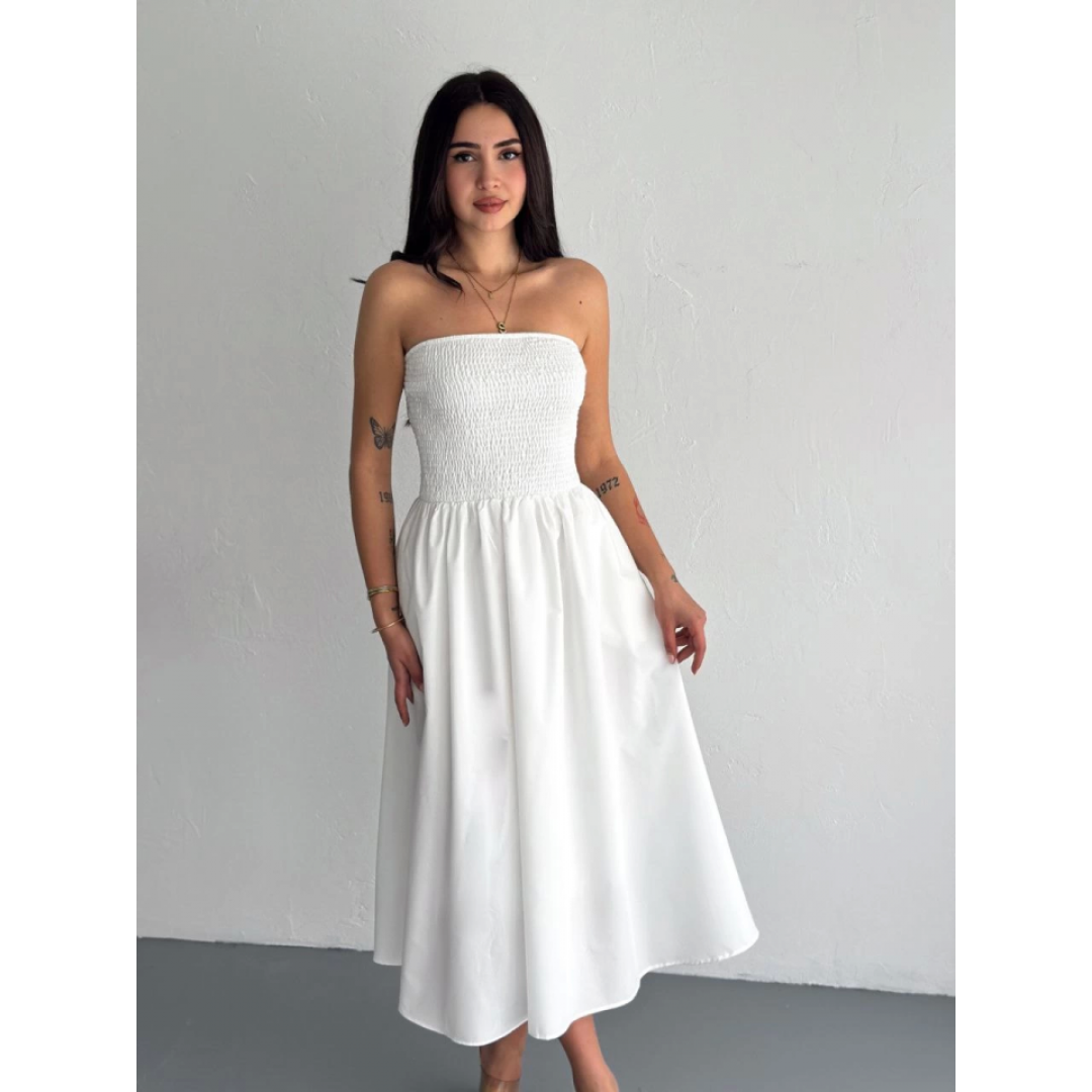 Straplez Pileli Elbise - Beyaz 146904 Straplez Pileli Elbise - Beyaz 146904
