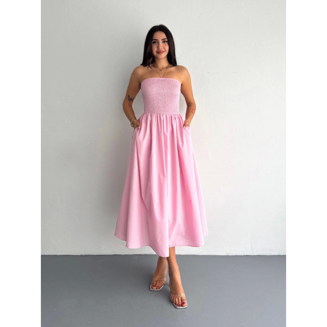 Straplez Pileli Elbise - Pembe 146907 Straplez Pileli Elbise - Pembe 146907