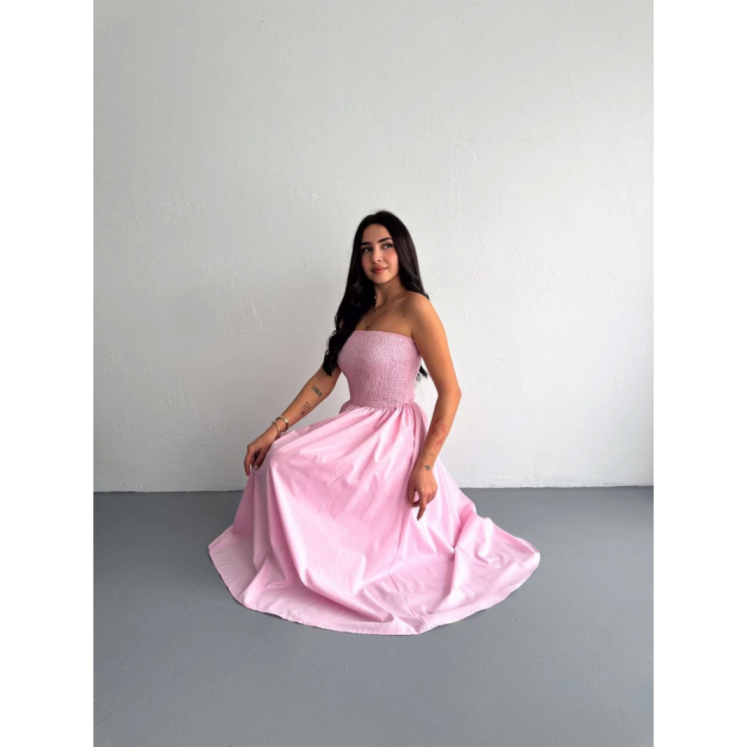 Straplez Pileli Elbise - Pembe 146907 Straplez Pileli Elbise - Pembe 146907