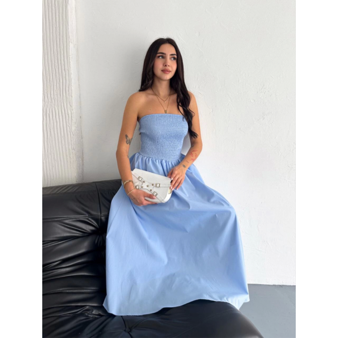 Straplez Pileli Elbise - Açık Mavi 146908 Straplez Pileli Elbise - Açık Mavi 146908
