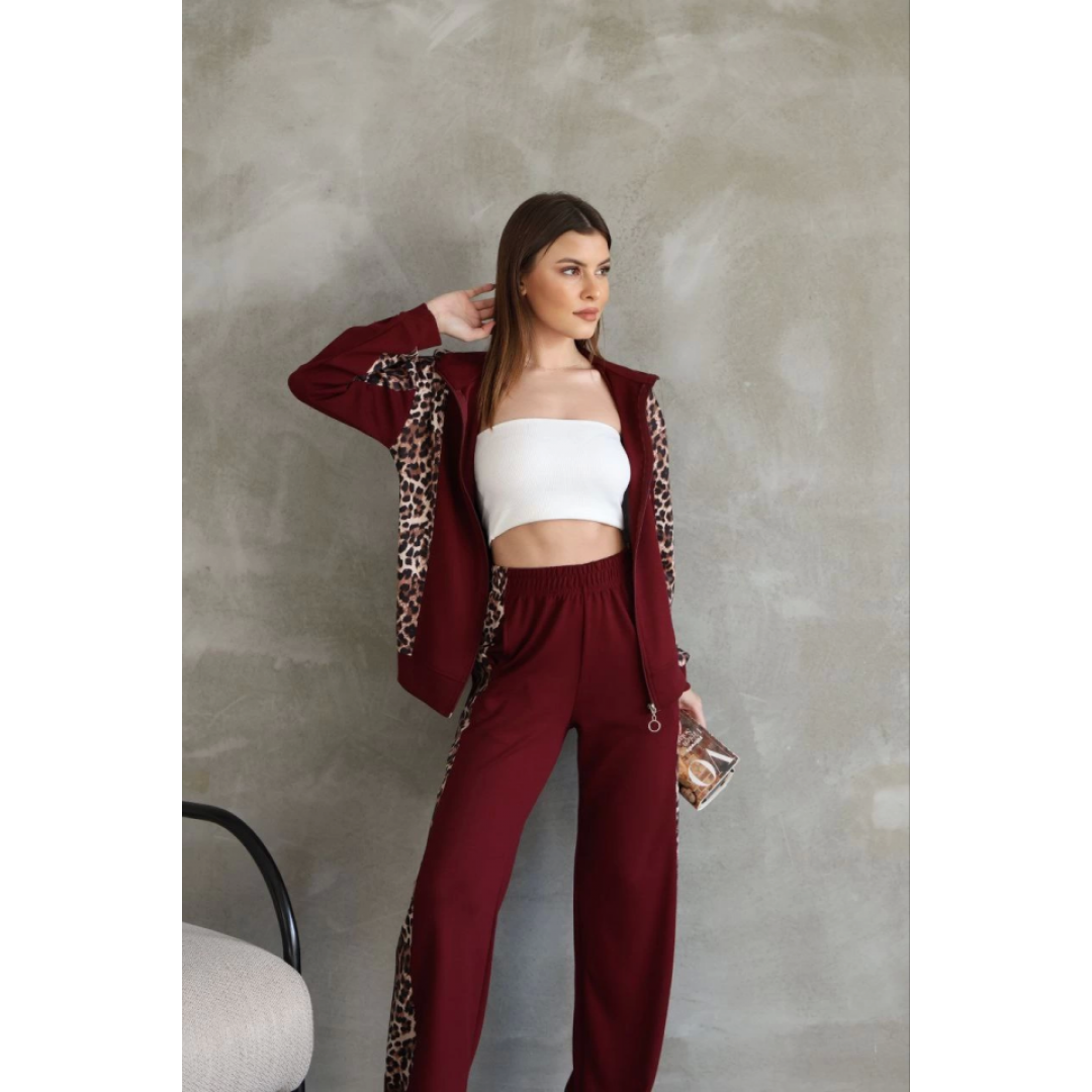 Osy Modal Yumuşak Dokulu Kumaş Kapüşonlu Leopar Desenli Fermuarlı Takım - Bordo - 147939 Osy Modal Yumuşak Dokulu Kumaş Kapüşonlu Leopar Desenli Fermuarlı Takım - Bordo - 147939