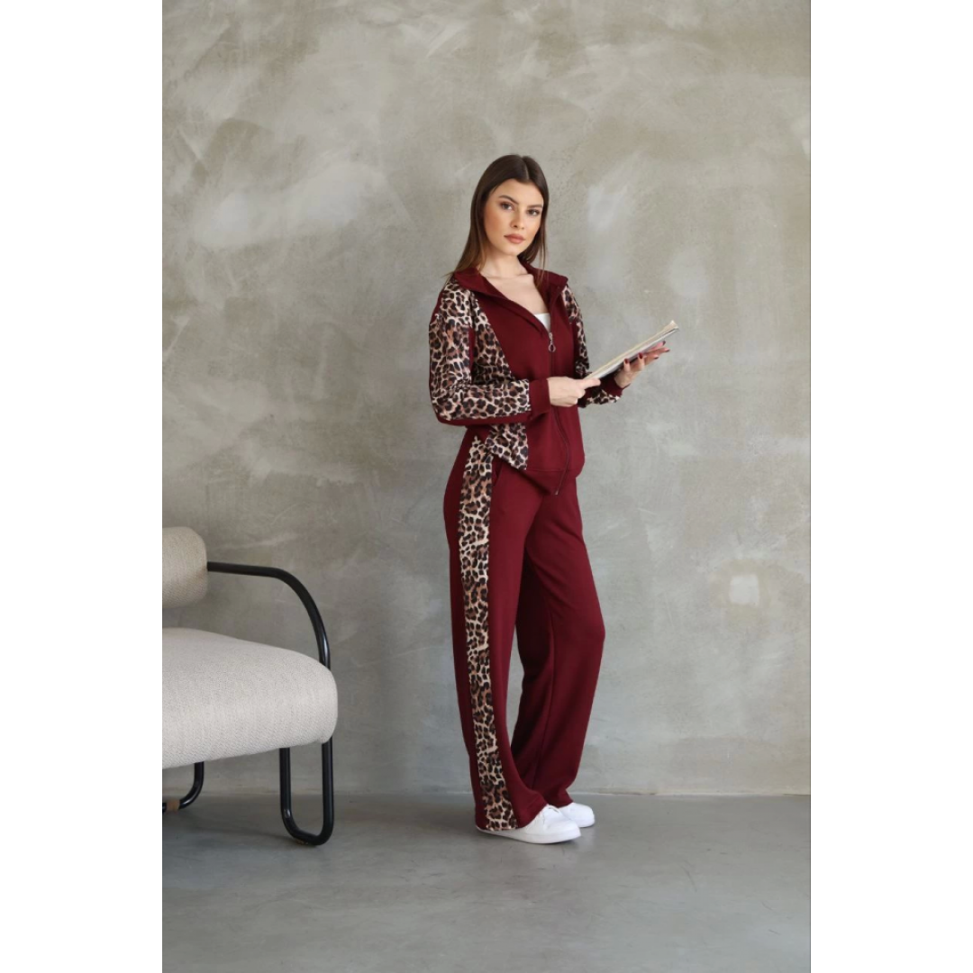 Osy Modal Yumuşak Dokulu Kumaş Kapüşonlu Leopar Desenli Fermuarlı Takım - Bordo - 147939 Osy Modal Yumuşak Dokulu Kumaş Kapüşonlu Leopar Desenli Fermuarlı Takım - Bordo - 147939