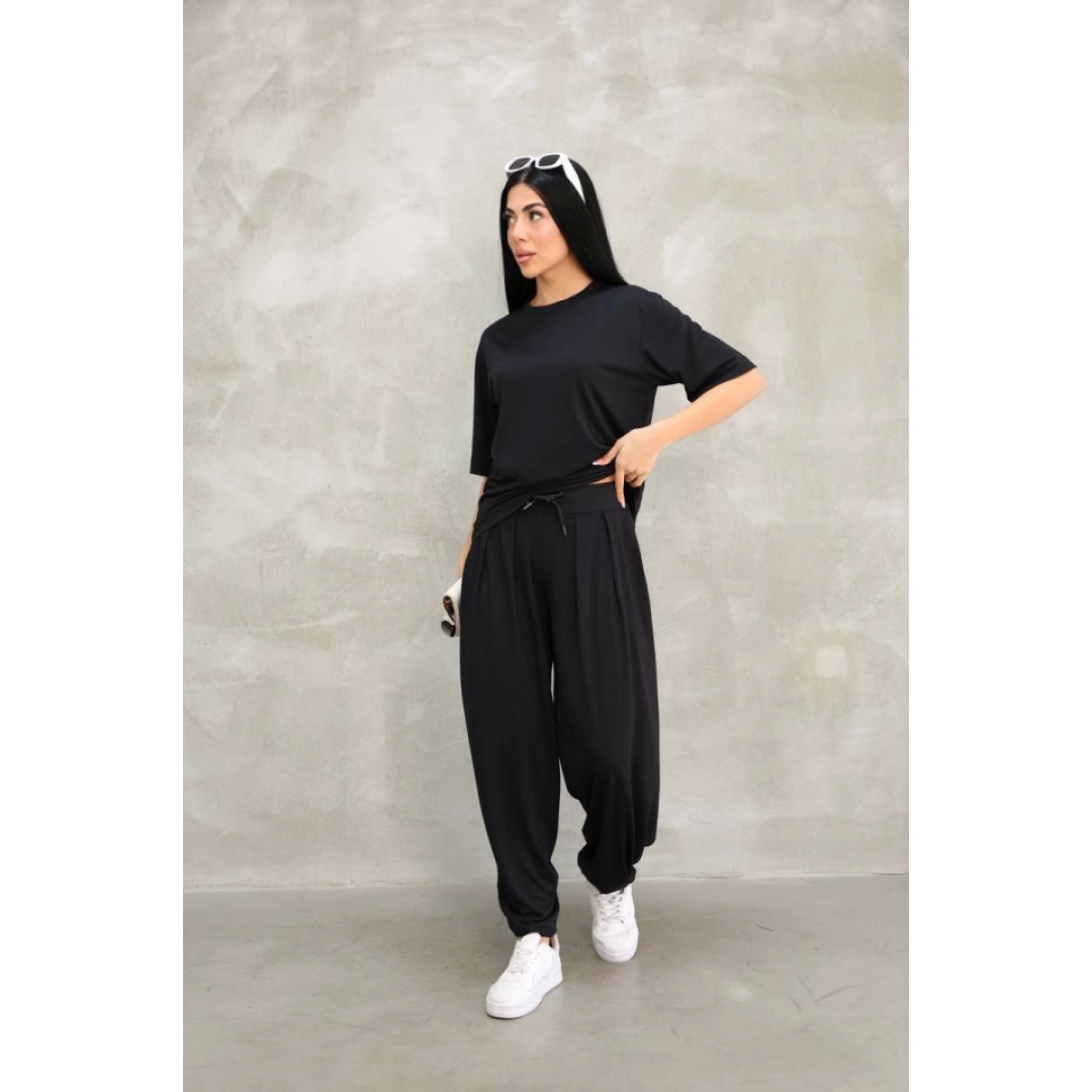 Osy Modal Yumuşak Dokulu Kumaş Oversize Bisiklet Yaka T-shirt Jogger Eşofman Altı Eşofman Takımı - Siyah 147944