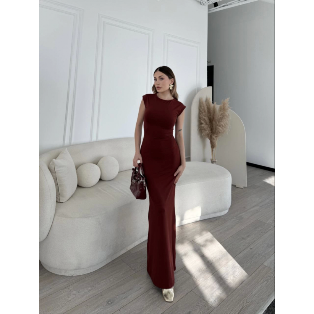 Kolsuz Uzun Likralı Elbise - Bordo - 148434