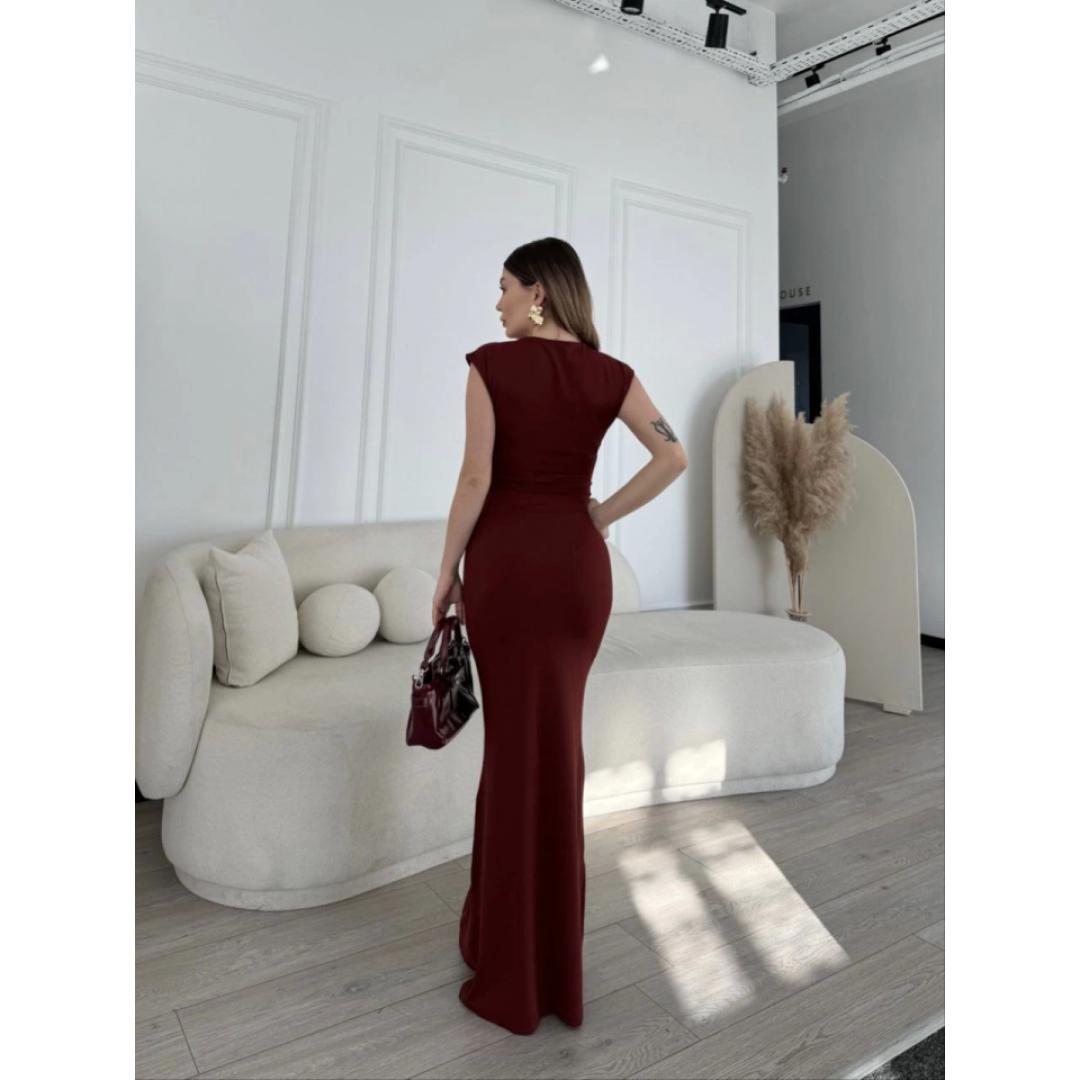 Kolsuz Uzun Likralı Elbise - Bordo - 148434
